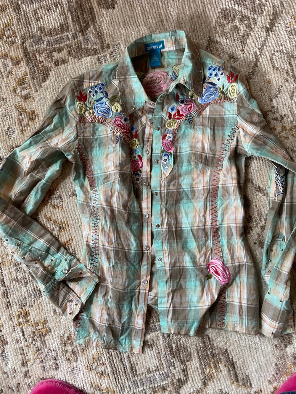 Survival Women's Turquoise Plaid Embroidered Button-Up Shirt